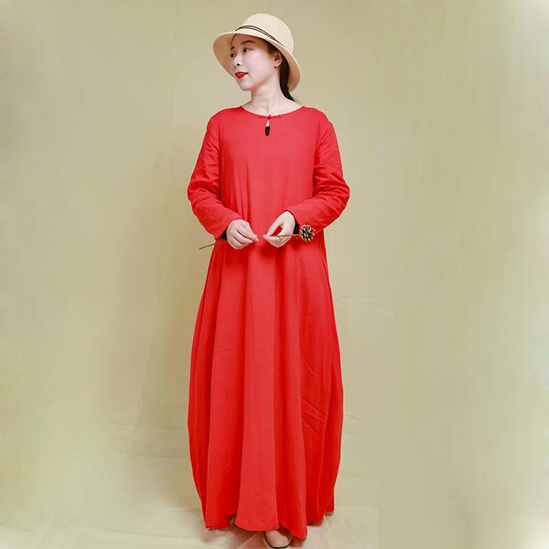 文艺棉麻纯色长袖连衣裙女 春夏新款宽松花苞裙气质显瘦打底长裙