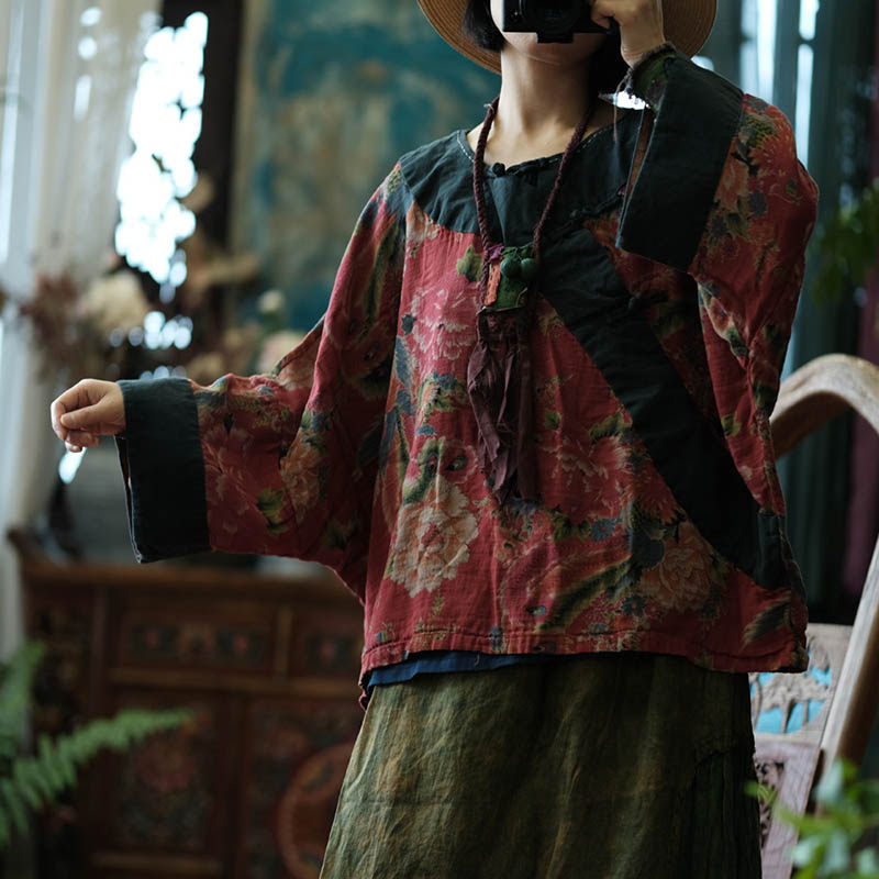 纯棉印花复古大袖衬衫女夏宽松版