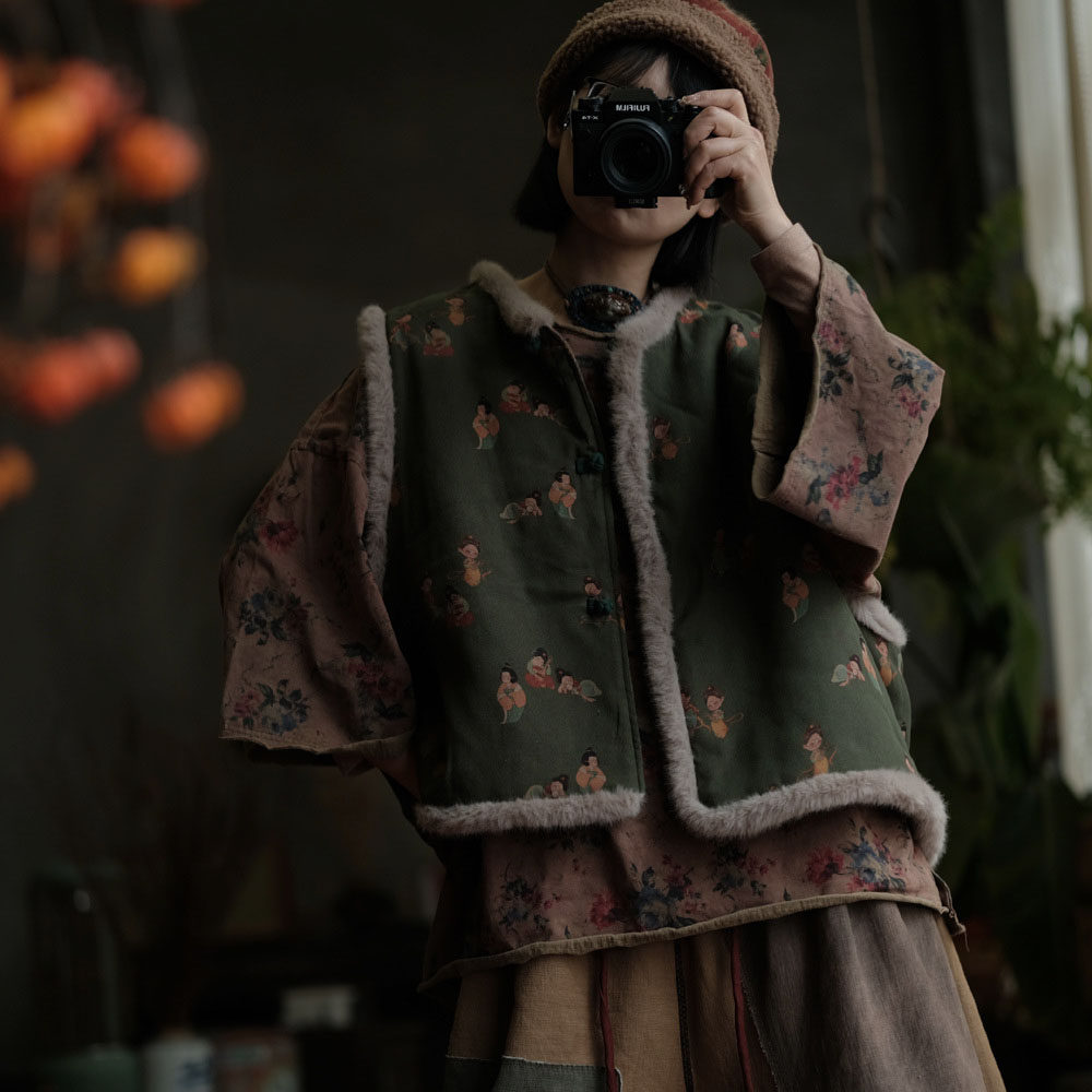 夹棉马夹女背心棉麻印花宽松秋冬