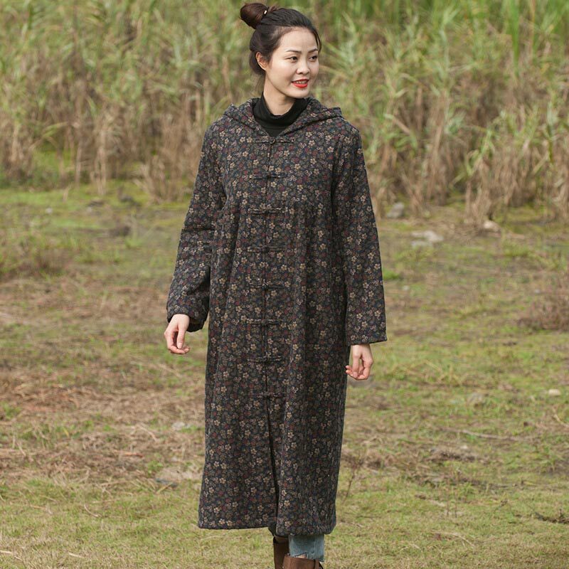 冬季连帽宽松碎花棉衣长款外套女