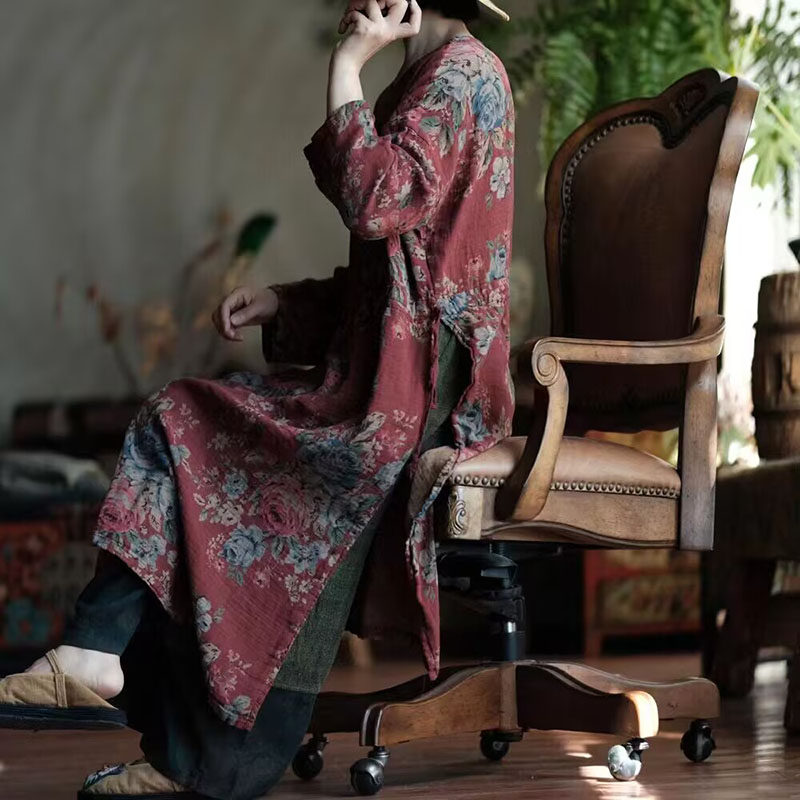纯棉大花长袖连衣裙女春夏季宽松