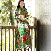 Váy in phong cách Trung Quốc nữ mùa hè cotton kích thước lớn của phụ nữ tấm khóa retro ngắn tay Một chiếc váy từ eo cao - A-Line Váy váy chữ a dài