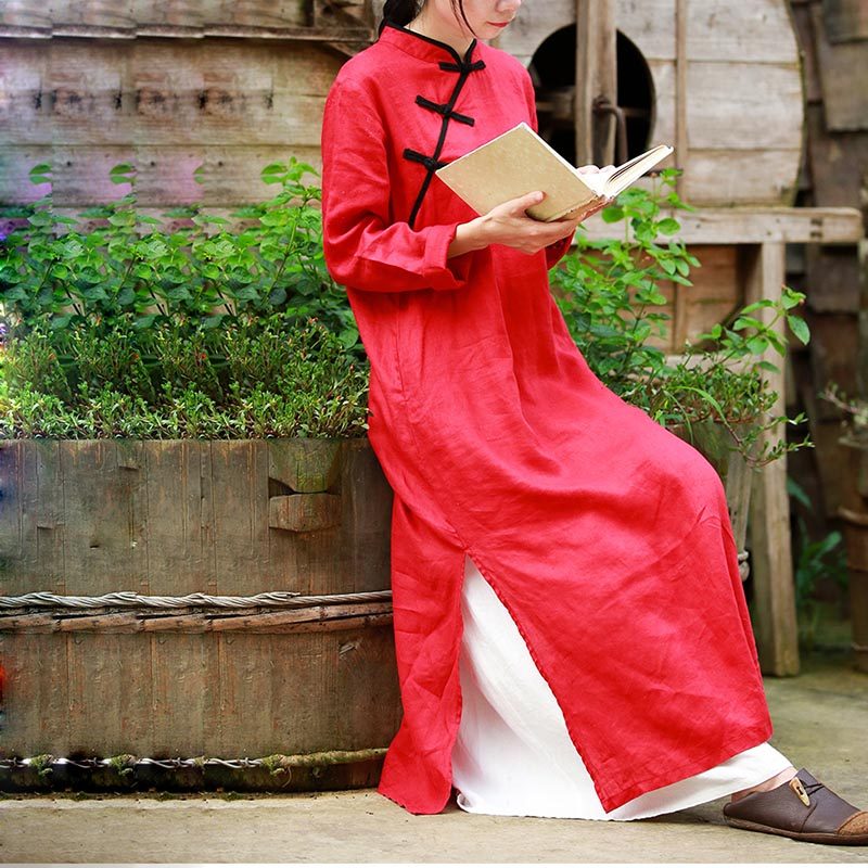 中式立领旗袍连衣裙女 春夏季国风复古纯色中长裙修身长袖a字裙子