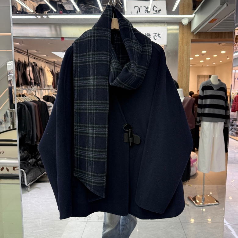 欧货撞色格子山羊绒双面羊绒大衣