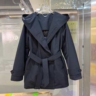 2025年冬装新款90白鹅绒羽绒服外套风衣款连帽领双排扣系腰带显瘦