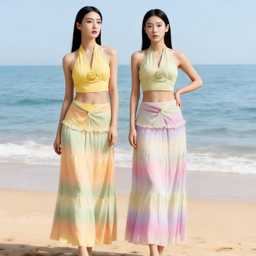 巴厘岛海边度假温泉游泳衣女比基尼bikini三件套长裙纯色热辣挂脖