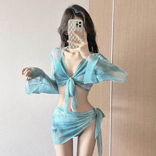 度假bikini泳装 新款 仙女游泳衣女纯欲风性感比基尼辣妹三件套长袖