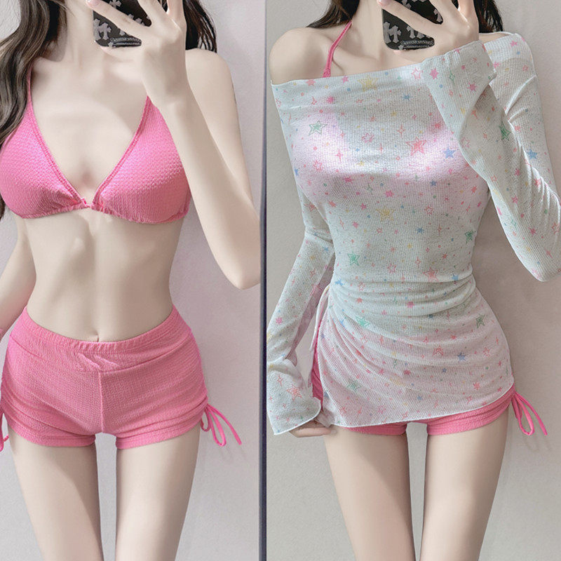 辣妹游泳衣女分体比基尼长袖罩衫多巴胺bikini 比基尼三件套泳装