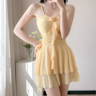 泳装 显瘦遮肉纯欲风甜美新款 大码 百搭温泉度假游泳衣女连体裙式