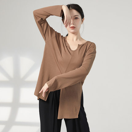 现代舞不规则开叉长袖上衣舞蹈服练功服古典舞宽松T恤跳舞服装女