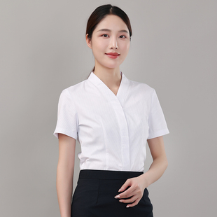 空乘职业女装V领白色衬衫夏季短袖白衬衣面试公考正装女士工作服
