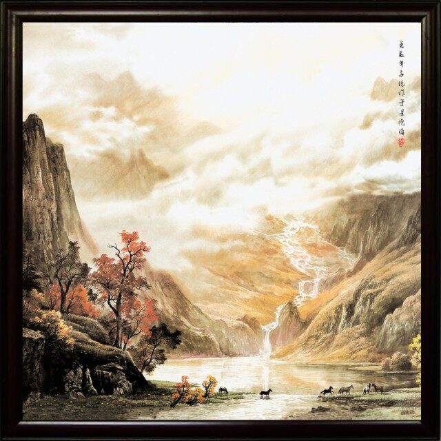 景德镇 瓷板画 秋天山水 聚财图 风水画 聚宝图 瓷版画 瓷画 防水