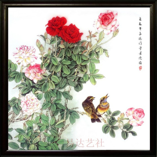 景德镇 瓷板画 月季 蓝点颏图 鸟语花香 挂屏 瓷画挂画 瓷版画