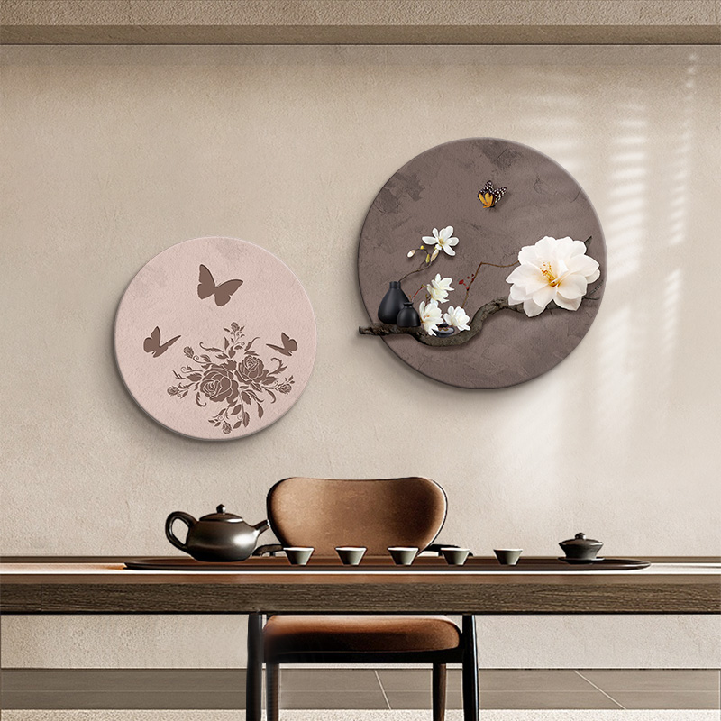 中古风客厅沙发背景墙挂画新中式高级感茶室书房圆形组合装饰画图片