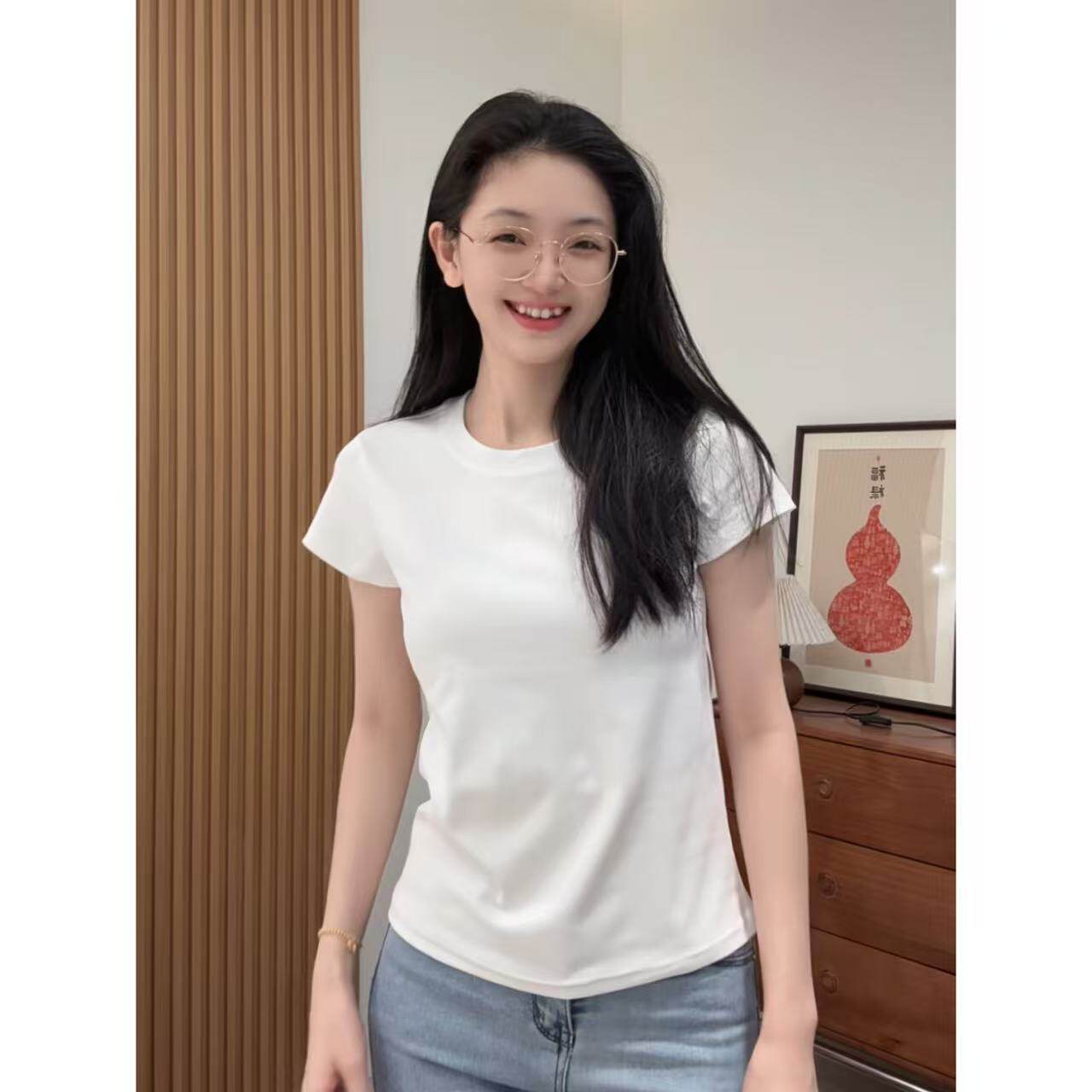 圆领正肩莱塞尔天丝凉感女t恤