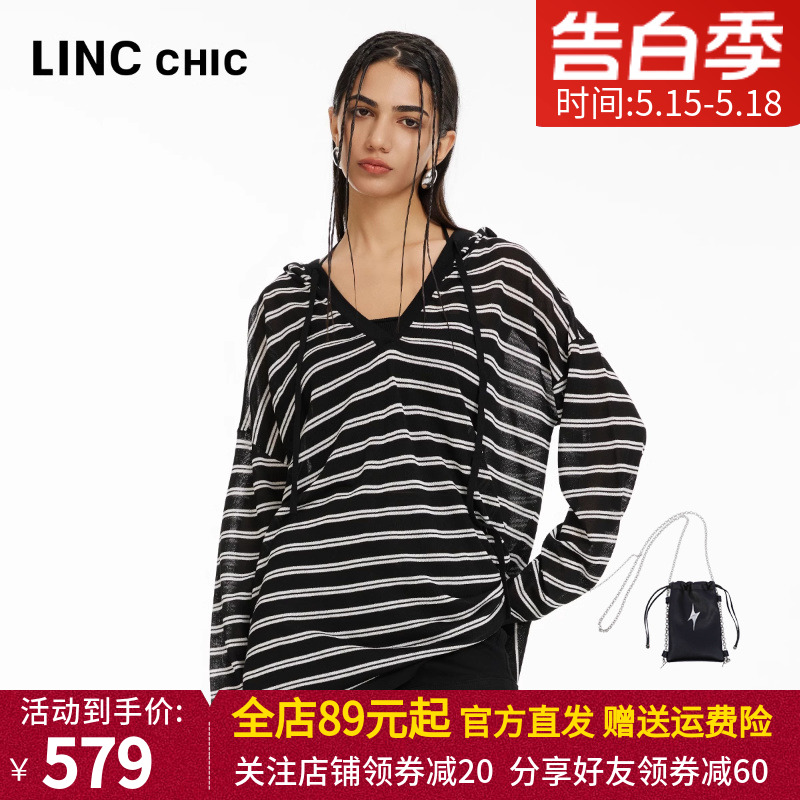 LINCCHIC金羽杰2024年夏季新品薄透连帽条纹针织衫女S242SW448Y