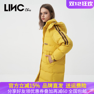 LINC金羽杰2022秋冬新款 羽绒服女Y22806180 复古学院连帽中长款