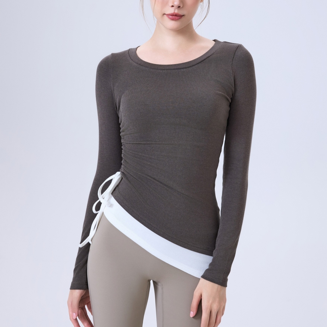 奔跑希希撞色抽绳显瘦上衣女外穿健身服跑步瑜伽长袖训练运动T恤