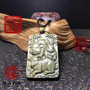 原创绿檀木猪兔羊三合木局吊坠绿色木头方亥卯未补木木牌挂件牌子