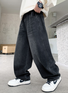 韩国潮男童牛仔裤春秋款2025新款中大童秋季宽松休闲男孩直筒长裤