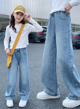 韩国女童牛仔裤春秋款2026新款中大童洋气时髦休闲女孩烫钻喇叭裤