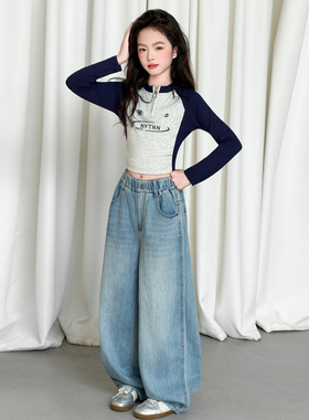 韩国女童套装春秋款2026新款洋气中大童春装长袖t恤牛仔裤两件套9