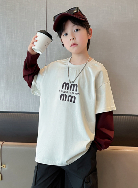 韩国潮男童长袖T恤春秋款2025新款儿童休闲拼接打底衫中大童上衣T