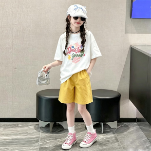 韩国女童短袖t恤2026夏季新款儿童多巴胺休闲短裤套装中大童上衣T