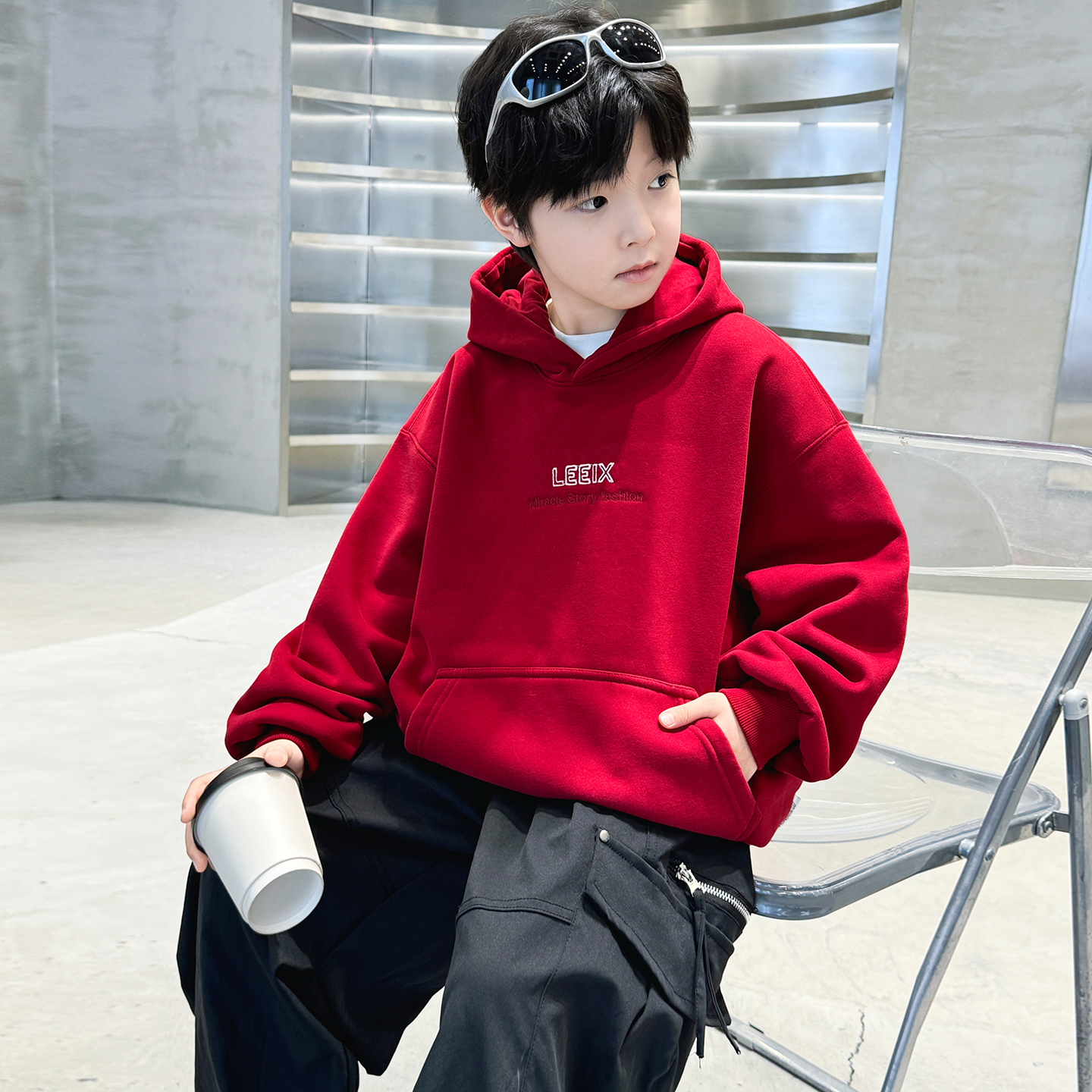 男童加绒卫衣秋冬款红色拜年服潮