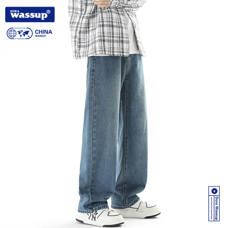 DORA WASSUP秋冬新款牛仔裤加绒宽松直筒男士裤子青少年休闲长裤