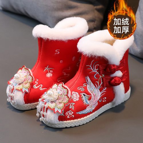 儿童汉服鞋子女童冬季加绒绣花鞋马面裙国风棉鞋古风拜年虎头短靴