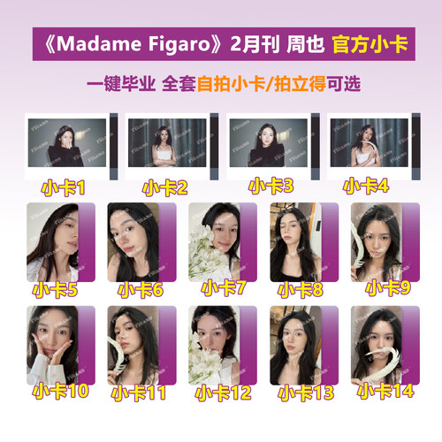 正版 周也 费加罗 官方自拍小卡 拍立得 大卡 全套1-14款 可选 新视线Madame Figaro费加罗世界杂志2026年2月刊 无杂志