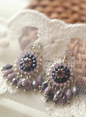 度假风紫色水晶耳环新款多巴胺耳钉女流苏耳饰复古民族风异域风情