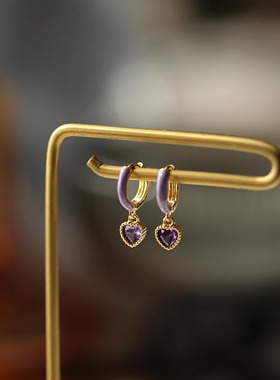 紫色水晶爱心耳环2026新款爆款高级感小众独特气质耳饰女耳圈耳扣