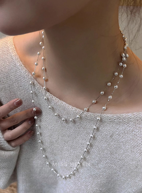 密版满天星高档小米珠珍珠项链高级感轻奢小众设计毛衣链大气长款