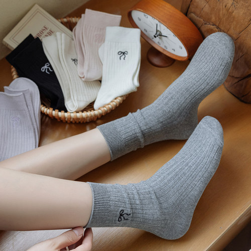 蝴蝶结中筒袜纯棉防臭女芭蕾风