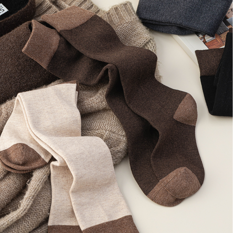 小腿袜女加厚保暖羊毛袜子冬季配阔腿裤长筒袜秋冬显瘦撞色长袜
