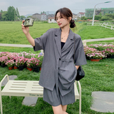 高级灰色休闲短袖西装套装女夏薄款盐系轻熟穿搭老钱风短裤两件套，女装套装/套裙，浙宝306