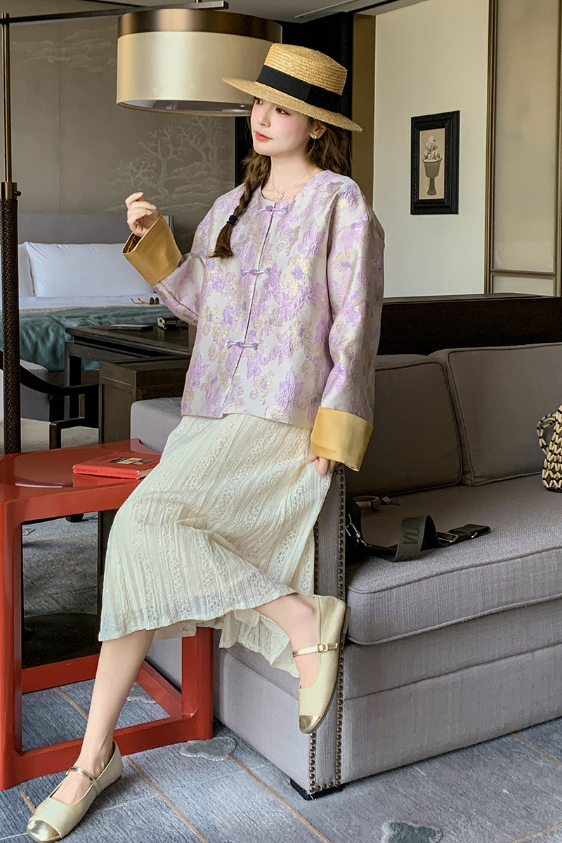 紫色设计感国风新中式印花超好看小香风短外套女春新款小个子上衣,女装短外套,浙宝290（原306）
