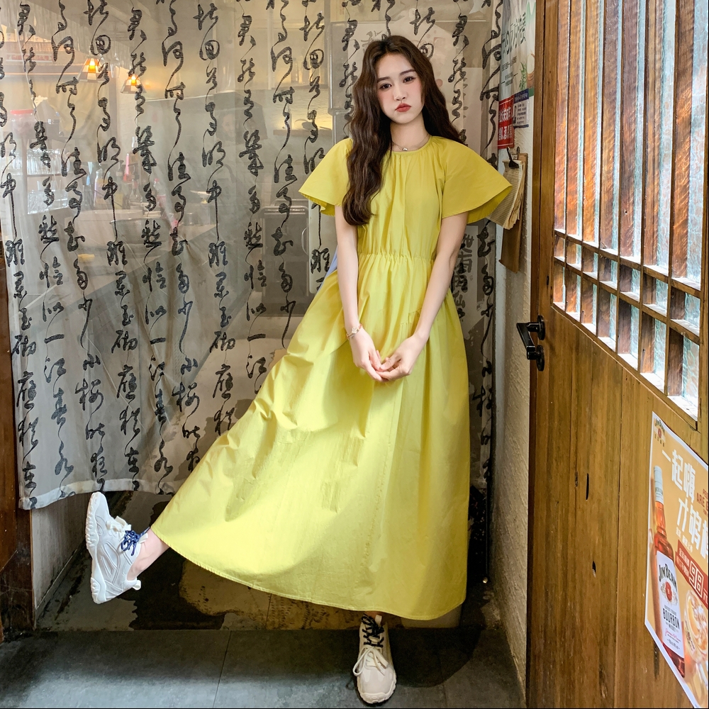 黄色温柔风收腰连衣裙女2025夏季新款韩系ins宽松减龄小个子长裙，商品下架区商品下架区，浙宝306