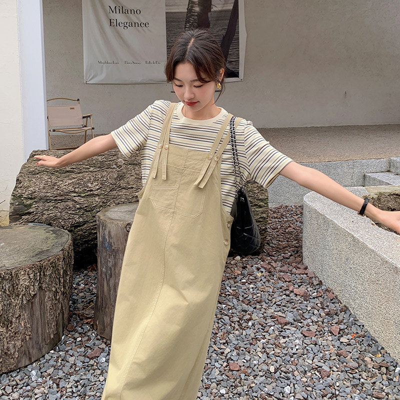 现货-学院风纯棉条纹t工装背带长裙两件套306-69004-p125k188,女装连衣裙,浙宝290（原306）