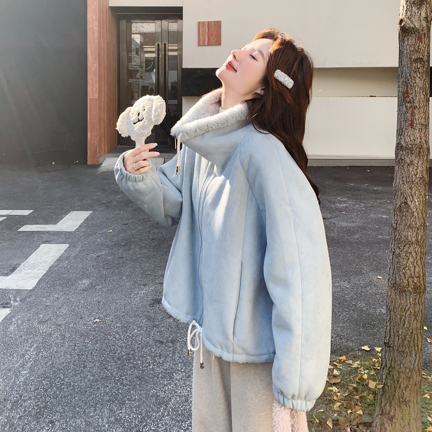 现货-重工冰川蓝立领下摆抽绳皮毛一体306-AW179-p245-k368，女装皮草，浙宝306