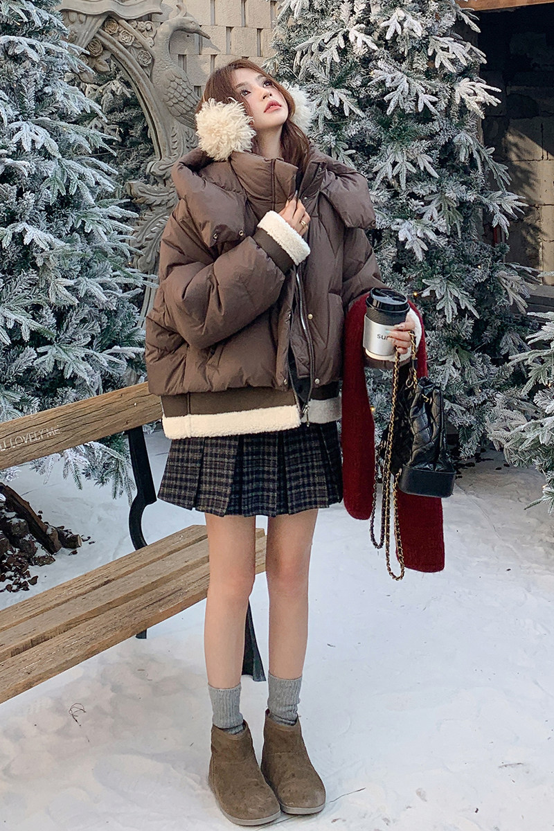 韩版时尚拼接羊羔毛短款羽绒服女2025冬季新款加厚保暖白鸭绒外套,女装羽绒服,浙宝290（原306）