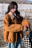橘色麂皮绒羊羔毛外套女2024冬季新款洋气复古翻领小个子夹克上衣，女装毛呢外套，浙宝306
