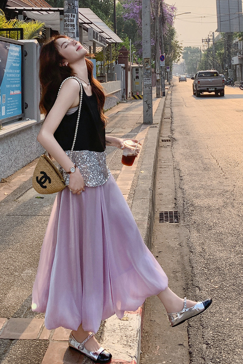 法式亮片拼接背心半身裙套装女2025夏季新款高级感时尚气质两件套图片