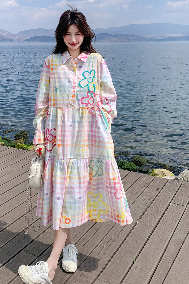 彩色格纹多巴胺穿搭连衣裙女2025年春季新款设计感独特漂亮衬衫裙,女装连衣裙,浙宝290（原306）