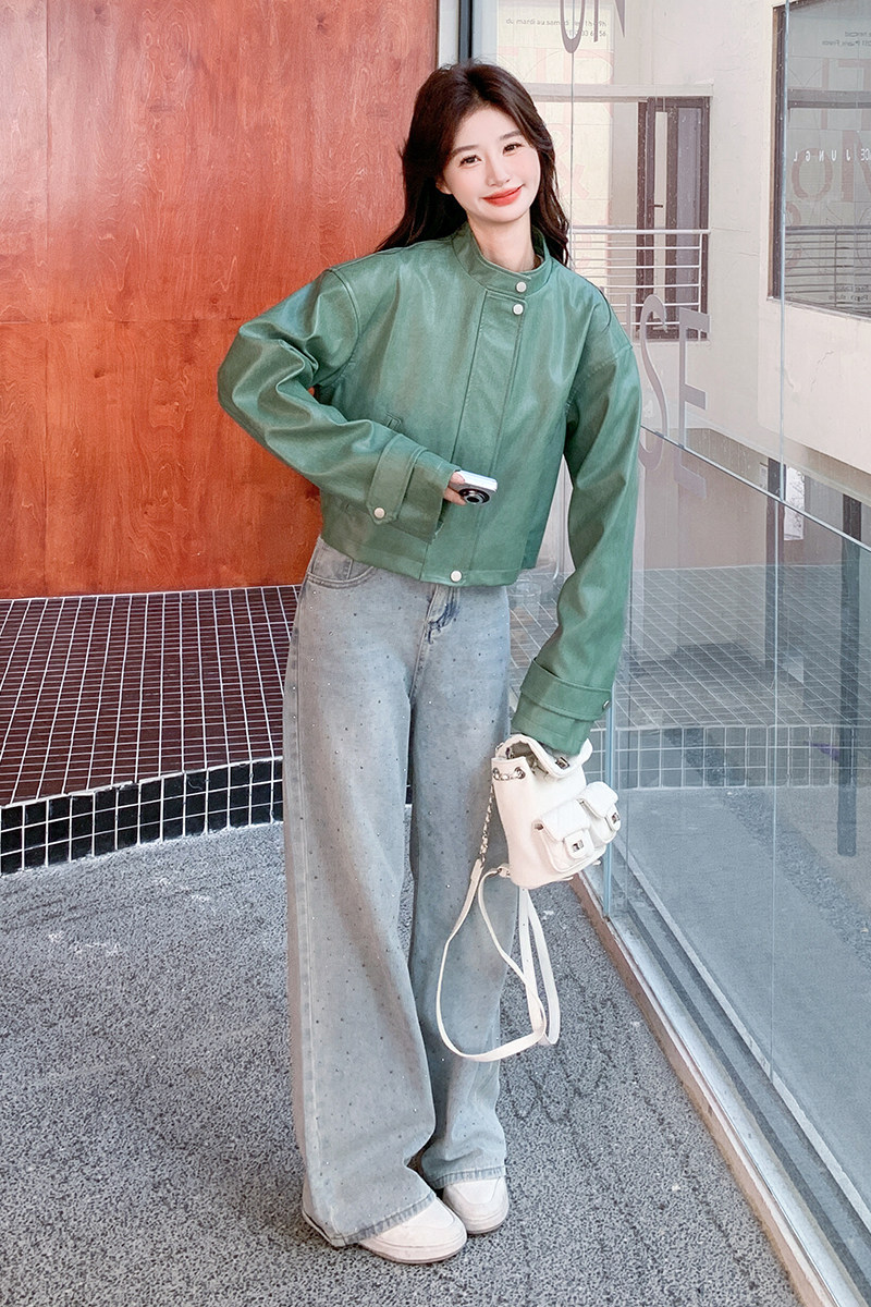 新款明天出货-薄荷绿显白立领皮衣外套306-cx2509-p145-218，女装皮衣，浙宝290（原306）