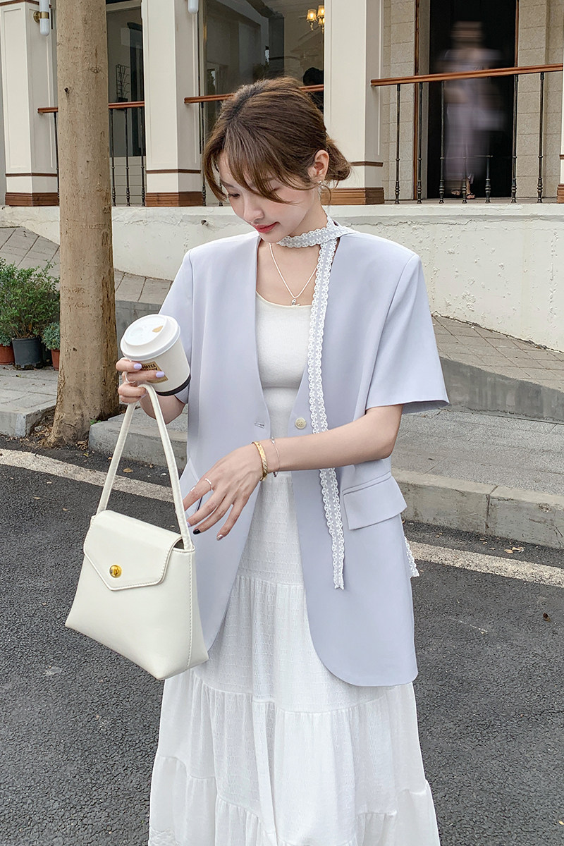 蕾丝飘带短袖西装外套女2025夏季新款法式漂亮气质小个子v领西服图片