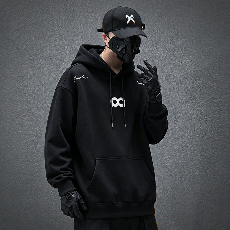 机能风胸前双圈印花连帽卫衣男