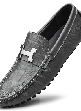 豆豆鞋真皮一脚蹬懒人鞋男鞋休闲皮鞋软底鳄鱼纹皮鞋灰色舒适百搭